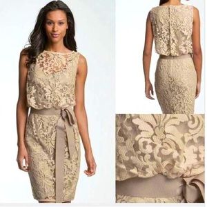 TADASHI SHOJI taupe blouson lace overlay cocktail dress